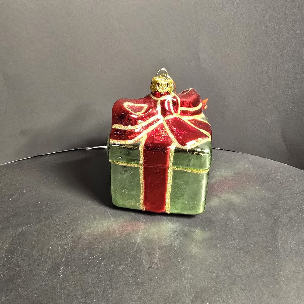 Glass Present Gift Box Christmas Ornament Red Green Glitter Holiday Decor‎